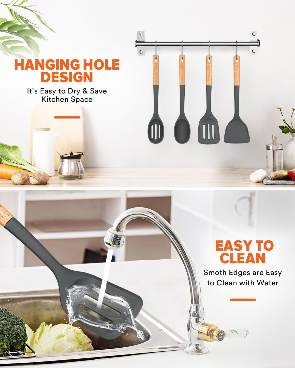 Silicone Cooking Utensils Set, Perfectly Angled for Frying, Mixing,Serving,Draining,Turning and Stirring, BPA-Free Matte Silicone, Wood Handles, Safe for Nonstick Cooking Surfaces,4 Pack (Grey)