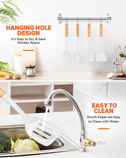 Silicone Cooking Utensils Set, Perfectly Angled for Frying, Mixing,Serving,Draining,Turning and Stirring, BPA-Free Matte Silicone, Wood Handles, Safe for Nonstick Cooking Surfaces,4 Pack (White)