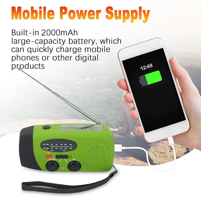 2000mAh Wind Up Radio, Portable Solar Emergency Radio with SOS Alarm, AM FM Weather and Torch, for Power Outage Camping Hiking (Green)