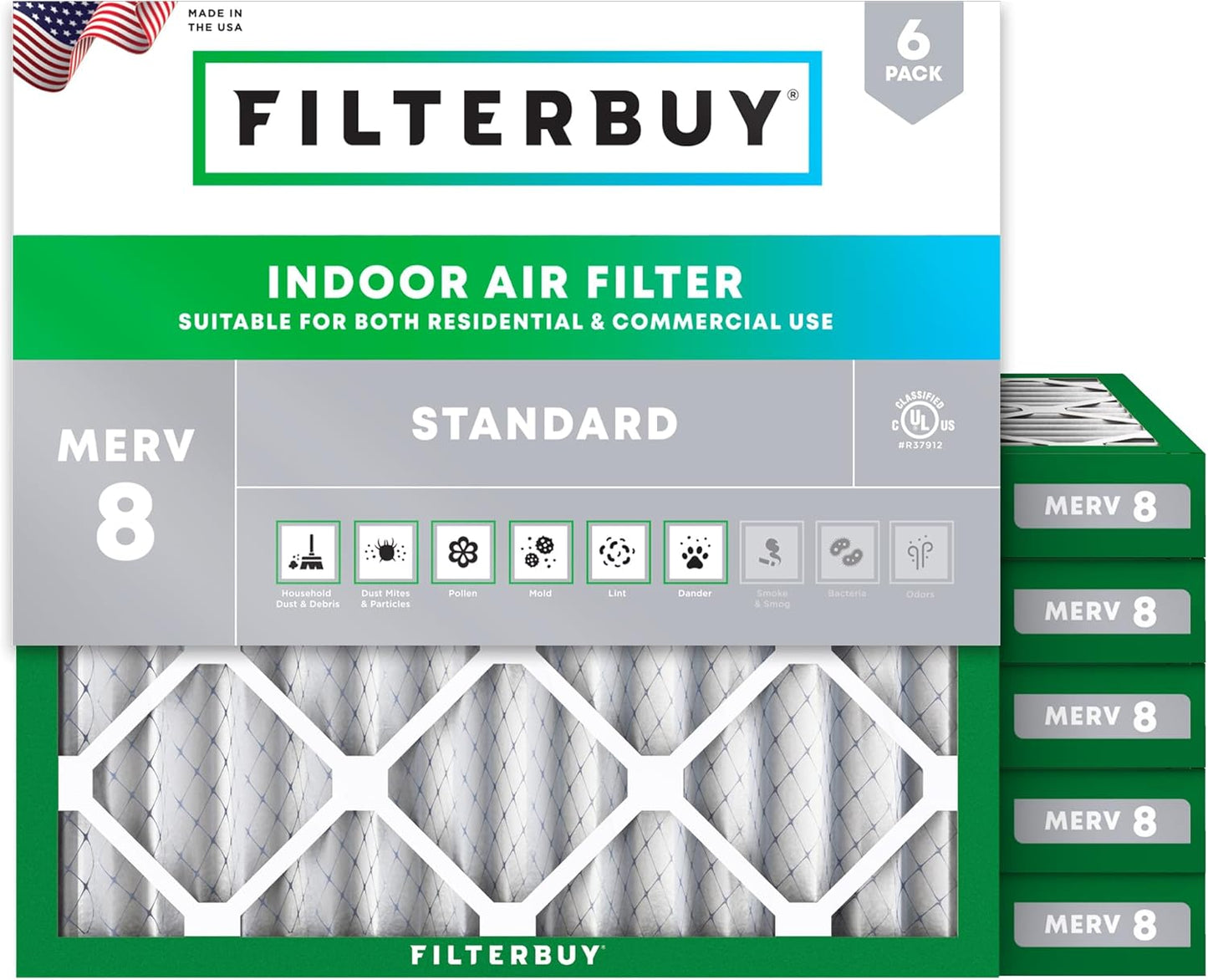 Filterbuy 10x10x2 Air Filter MERV 8 (MPR 700) Dust Defense Replacement (6-Pack), Electrostatic Pleated HVAC AC Furnace Filters, Made in USA (Actual Size: 9.50 x 9.50 x 1.75)