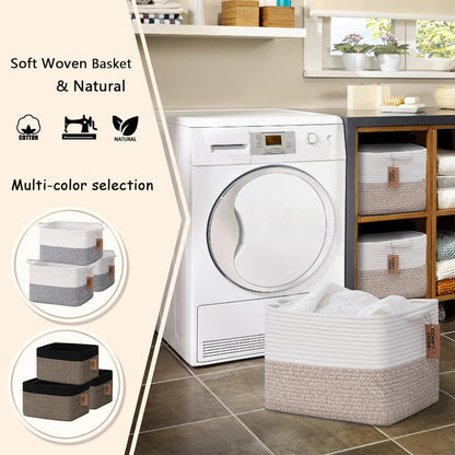 COMFY-HOMI Cotton Rope Woven Basket with Handles for Shelves,Toys,Book, Cloth Storage Baskets for Organizing-13.5" x 11" x 9.5" Toy Decorative Organizer for Living Room, Bathroom （White/Brown）