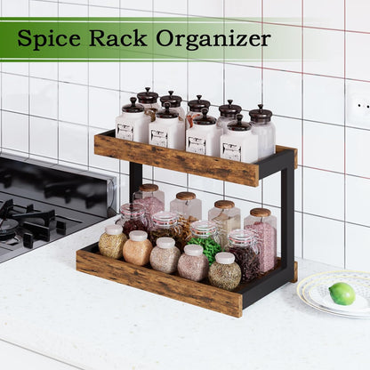 MARTY 2 Tier Spice Rack Organizer for Countertop, 15.8''L Coffee Station/Bathroom Organizer Countertop, Counter Shelf Desktop Storage Organizer for Kitchen, Bedroom, Office (Rustic Brown)