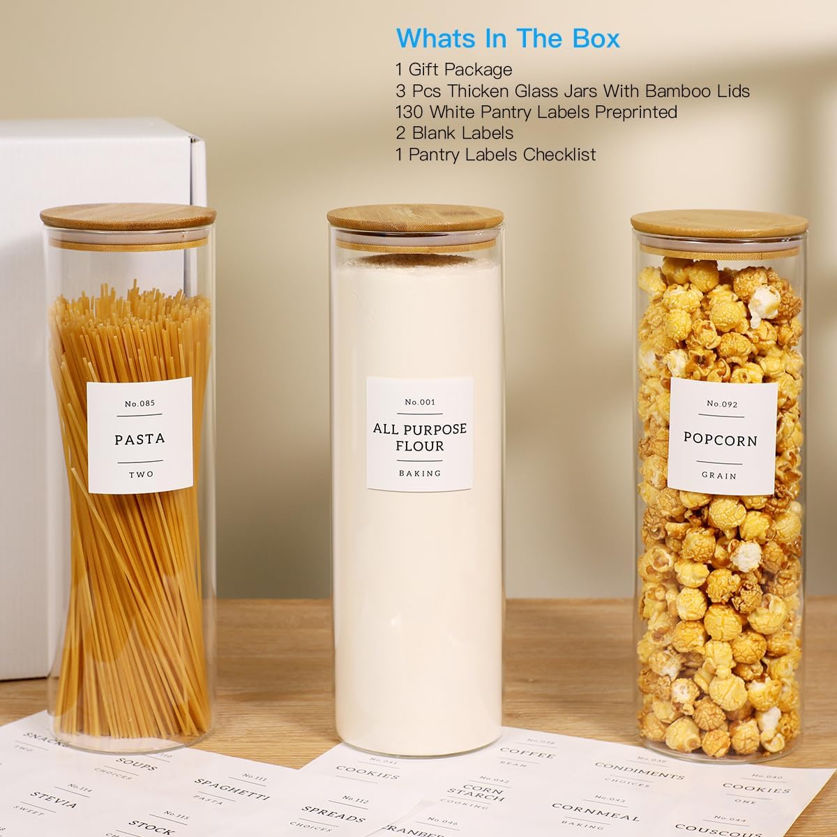 3 Pack Glass Jar with Airtight Bamboo Lid and White 132 Kichen Pantry Labels Preprinted - 70 Oz Clear Tall Glass Food Storage Containers set For Noodles Pasta Spaghetti