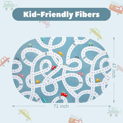 STARUIA Large Kids Playroom Rug, 4'x6' Washable Road Rug for Nursery, Non-Slip Fun Area Rugs for Kids Room, Blue Car Rugs Play Mat Soft Baby Carpet for Boys Girls Dorm Toy Room Tent
