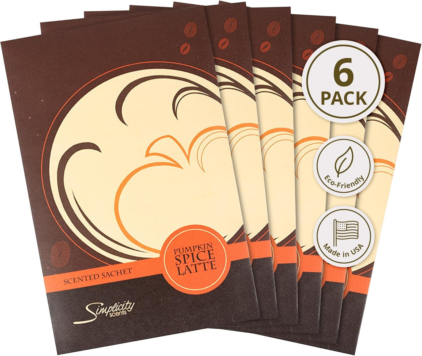 Pumpkin Spice Latte Scented Sachets Pack of 6, Fall & Winter - Long-Lasting Scented Bags, Home Fragrance, Air Freshener & Deodorizer for Closet, Room, Drawer, or Cars, Made in USA