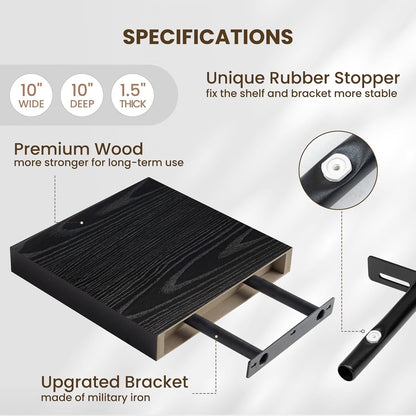 Fun Memories Floating Shelves for Wall 10 Inch, 10 Inch Deep Square Wall Shelves, Bathroom Storage Shelves Over Toilet, Wood Floating Shelves for Living Room Bedroom, Black, Set of 2