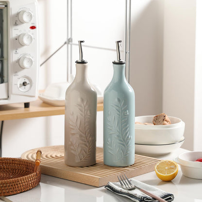 Sweejar Large Olive Oil Dispenser Bottle with Spout, 24 Oz Ceramic Oil Dispenser for Kitchen, Relief Opaque Cruet, Container for Cooking, EVOO, Vinegar, Pack of 1 (Light Blue)