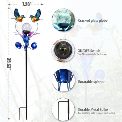 VCUTEKA Solar Lights Outdoor Metal Garden Stake Waterproof Crackle Glass Globe Garden Decor Blue Jay Bird for Pathway, Lawn, Patio, Yard