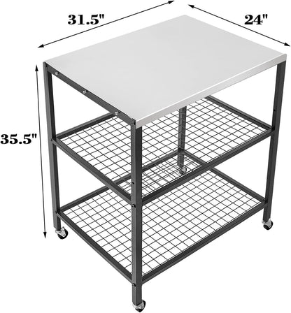 Stainless Steel Outdoor Grill Cart Pizza Oven Stand Trolley Table with Wheels Three-Shelf Movable Food Prep and Work Table Heavy Duty Grill Carts Outdoor Cart 31.5"×24"×35.5"