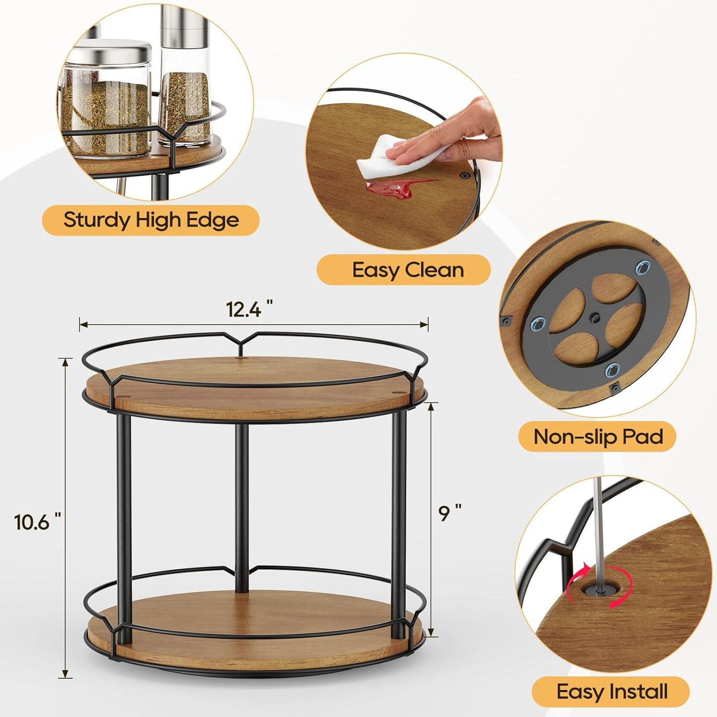 12.4" Lazy Susan Organizer 2 Tier - Rotating Spice Rack, Wooden Spinning Spice Holder for Inside Cabinet, Pantry, Kitchen, Countertop, Bathroom and Vanity, Versatile Storage
