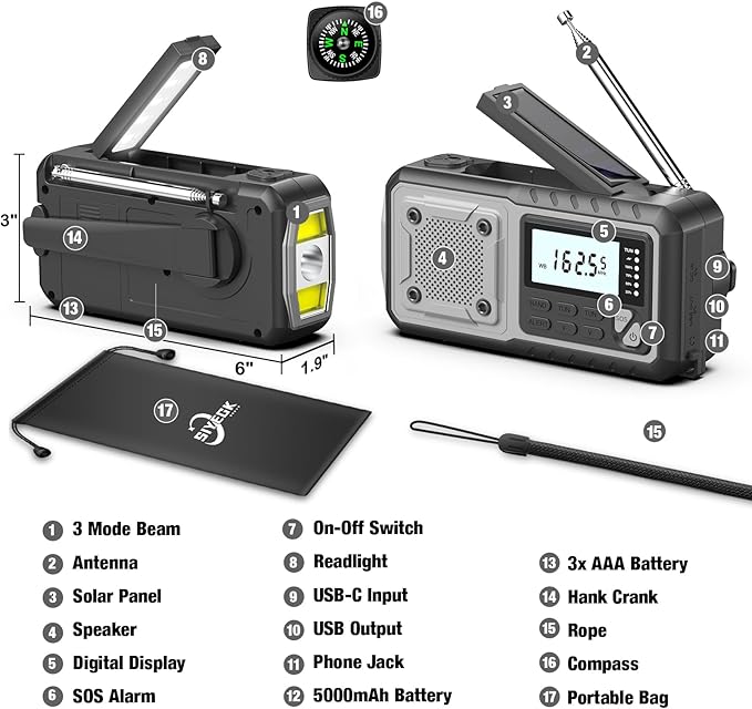 Emergency Weather Radio 5000mAh with Solar Hand Crank, Men Dad Husband Cool Gadgets, NOAA AM FM Portable Battery Power Weather Alert Radios with Flashlight, Perfet Gifts for Home Outdoor Office