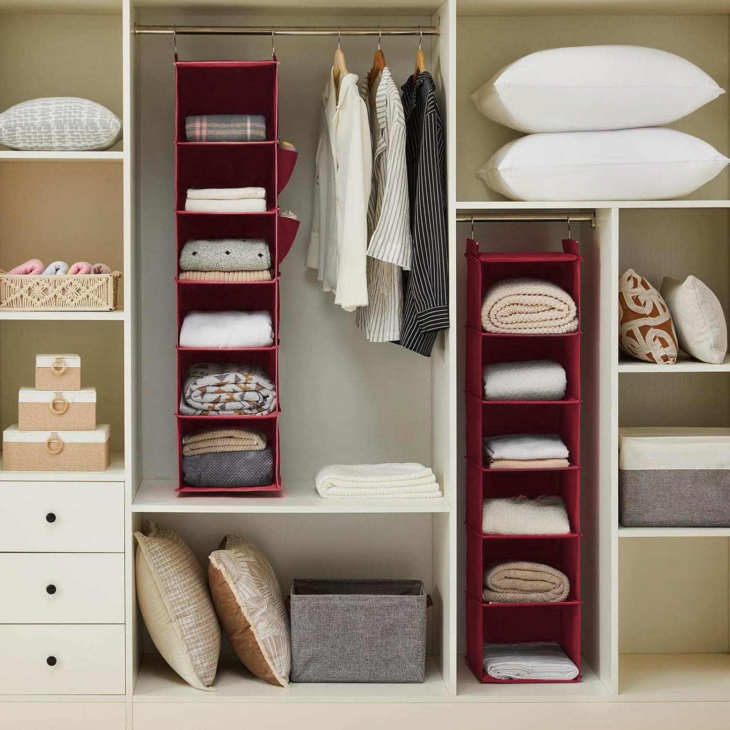 YOUDENOVA Hanging Closet Organizer and Storage, 6-Shelf Closet Hanging Storage Shelves, Dark Red