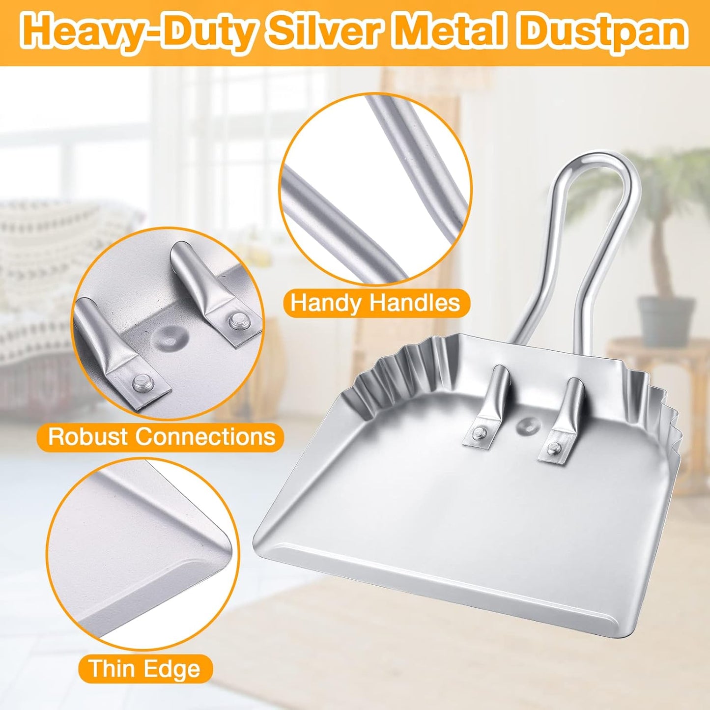 Mumufy 4 Pack 12 inch Heavy Duty Metal Dustpan Large Wide Dust Pans for Household Handheld Wide Scooper and Debris Cleaning Tool Ideal for Home and Commercial Use (Silver)