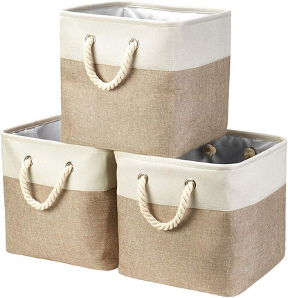 i BKGOO 3Pack Large Foldable Storage Bins，Collapsible Sturdy Cationic Fabric Organizing Storage Basket Cube with Cotton Handles for Home Office Shelf Clothes Toys White-Khaki 13×13×13 inch