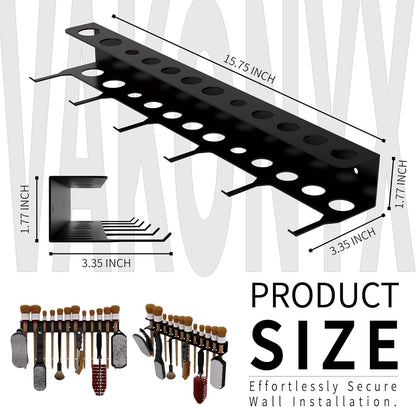 Wall Mount Brush Holder & Tool Hanger Rack for Garage, Detailing Organizer with Mounting Hardware - Holds 12 Brushes + Hooks for Towels & Tools