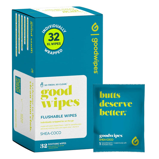 Goodwipes Flushable Wipes – Made with Vitamin E & Aloe – Soft, Individually Wrapped Butt & Feminine Cloths for On-the-Go & Travel Use – Largest Adult Toilet Towelettes – Shea-Coco, 1 pack, 32 count