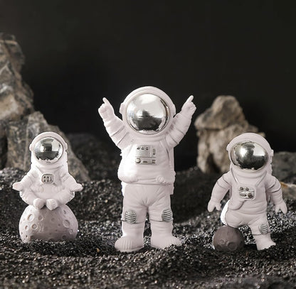 3 Pcs Silver White Astronaut Statues Set, Spaceman Sculpture Figurines Home Ornament Cake Toppers Gift