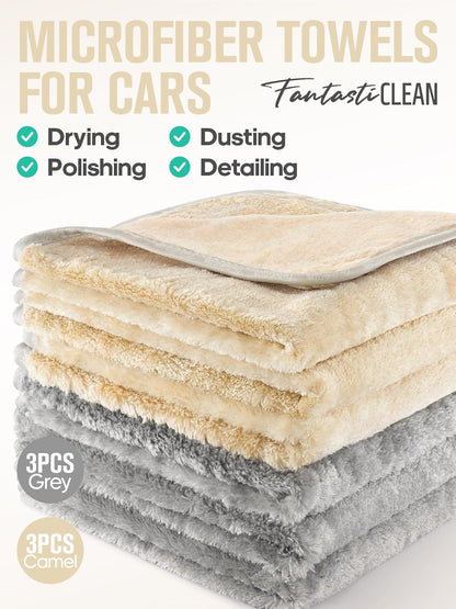 Fantasticlean Microfiber Car Detailing Towels, Car Drying Towel with Edge, Plush, Coral Fleece, 700GSM, 16" x 16", 6 Pack, Scratch-Free, Ultra Absorbent, Car RV Boat Home Cleaning (Grey and Camel)