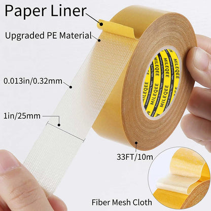 Double Sided Tape Heavy Duty,1in x 33FT(10m), Universal High Tack, Strong Wall Adhesive with Fiberglass Mesh, Super Sticky Resistente Clear Tape, Easy Use Transparent Tape School Supplies