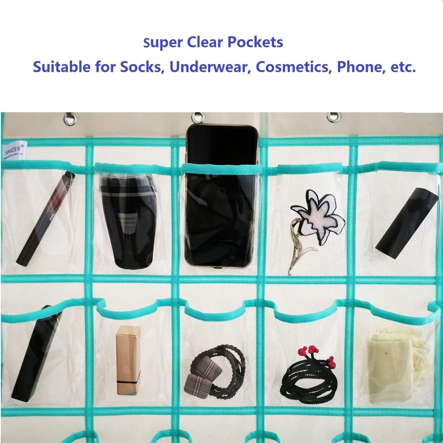 Classroom Pocket Chart for Phone Calculator Holder Over The Door Hanging Closet Jewelry Organizer with 30 Clear Pockets (BEIGE)