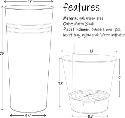 KOL 28'' Tall Galvanized Steel Planter Pot - Flower Pot with Water Level Indicator for Plants - 2-Pack Self Watering Planters - Round Black Powder Metal Planter Box - Indoor Outdoor Grande Plant