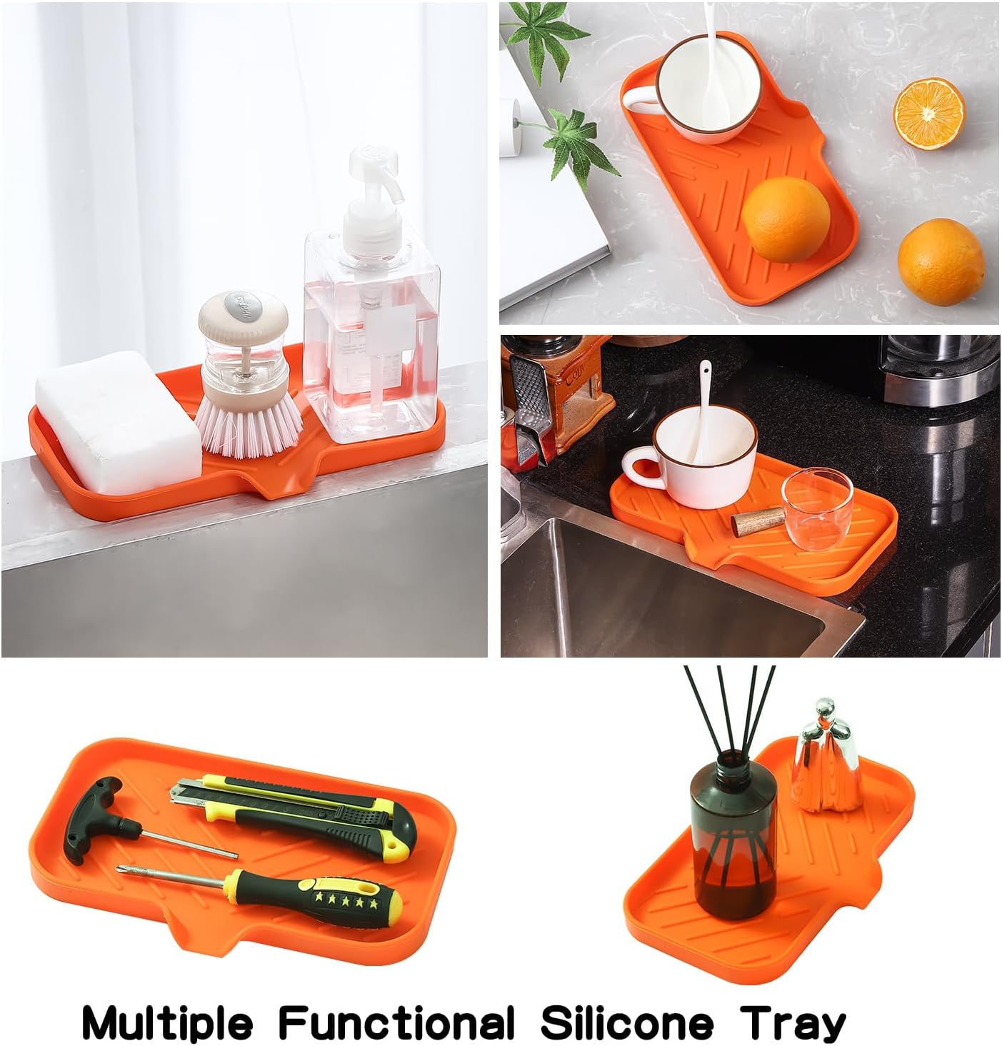 Silicone Bathroom Soap Dishes with Drain Spout-Bathroom and Kitchen Sink Organizer,Sponge Holder,Dish Soap Tray,Perfect for Dispenser,Scrubber,Bottle,Cup on Sink or Counter-Orange 9.6"×5.3"