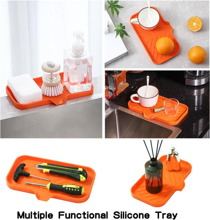 Silicone Bathroom Soap Dishes with Drain Spout-Bathroom and Kitchen Sink Organizer,Sponge Holder,Dish Soap Tray,Perfect for Dispenser,Scrubber,Bottle,Cup on Sink or Counter-Orange 9.6"×5.3"