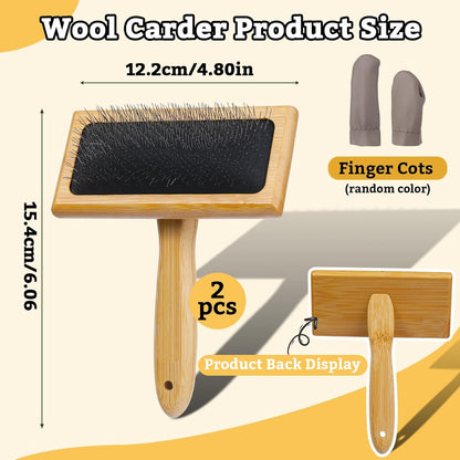 2 Pcs Large Wooden Wool Carders, Needle Felting Carding Brushes Tools with Finger Cots, Wool Needle Felting Brushes for Wool Felting, Spinning Crafts, Pet Grooming