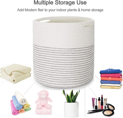 Woven Cotton Rope Plant Basket for 11 12" Flower Pot Floor Indoor Planters, Decor Basket for Plants Storage Organizer Modern Home Decor (12" x 12", White)