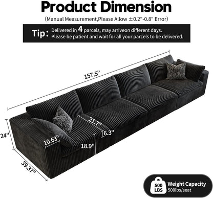 157.5" Cloud Couch Modular Sectional Sofa for Living Room,Modern Sofa with Deep Seat，4 Seater Boneless Couch,Comfy Upholstered Corduroy Couches for Apartment, Studio, Office,Bedroom，Black