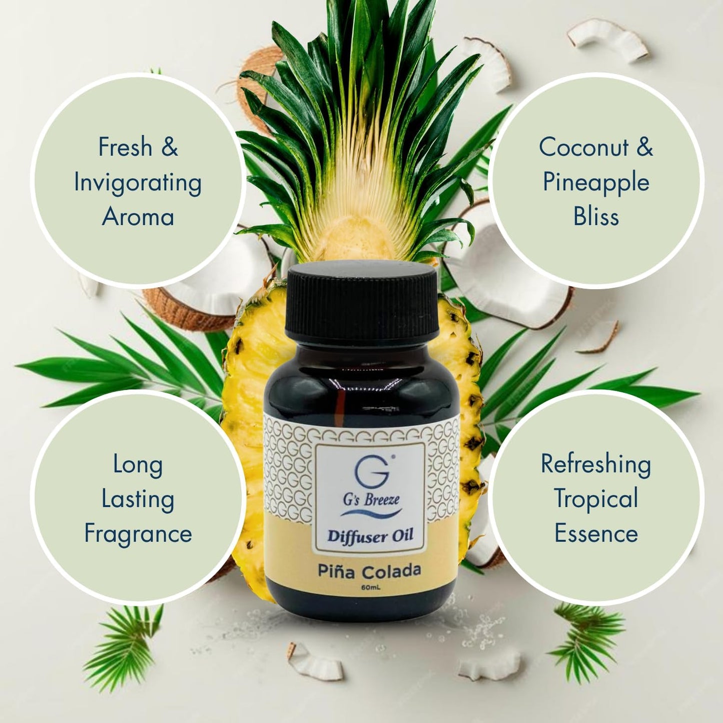 G's Breeze Piña Colada Diffuser Oil Refill - Tropical Coconut & Pineapple Scent - Long Lasting Fragrance, Uplifting Aroma - Ideal for Home & Office - Refreshing & Inviting Atmosphere - 60 ML