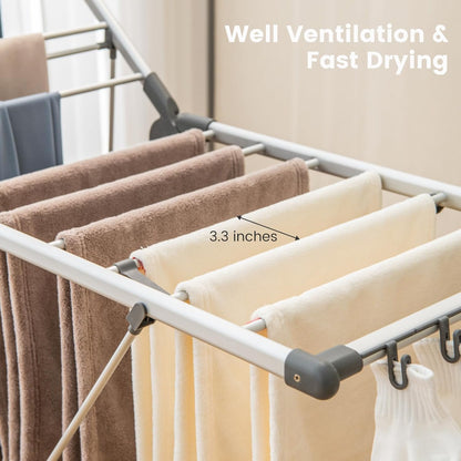 Giantex Clothes Drying Rack, 2-Layer Aluminum Foldable Laundry Drying Rack with 5-Level Adjustable Height, 21 Drying Rails, 10 Side Clips, 4 Shoe Holders, Space Saving Collapsible Laundry Drying Rack