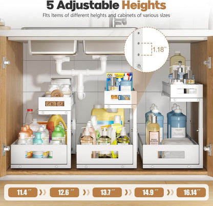 1 Pack 19IN Depth Under Sink Storage Organizer, Large 2-Tier Elegant Mesh Pull Out Shelf for Kitchen and Bathroom Cabinet Organization, L-Shaped and Adjustable Height Design-White