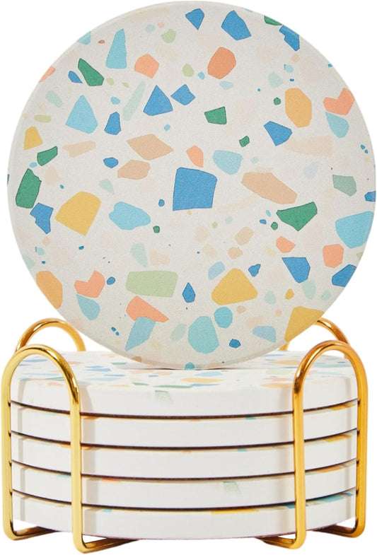 Absorbent Coaster Set of 6 with Holder, Drink Coasters for Coffee Table, Kitchen, Home Decor, Cute Ceramic Round Coasters, Alternative to Silicone, Cork or Glass Coaster (Color Pop)