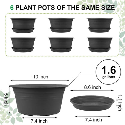 6 Pack 10 inch Plant Pot, Round Plastic Plant Pots, Outdoor Pots for Plants with Drainage Hole & Tray Saucer, Decoration Flower Pots for Indoor Plants Home Garden Outdoor Planters (Grey)