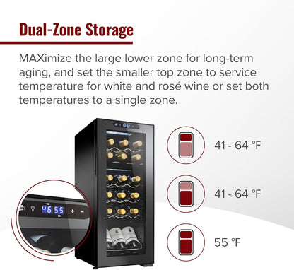Wine Enthusiast 18-Bottle Dual Zone MAX Compressor Wine Cooler – Freestanding Beverage Refrigerator, Mini Fridge with Digital Touchscreen, Split Storage, Energy-Efficient Cooling, and LED Display