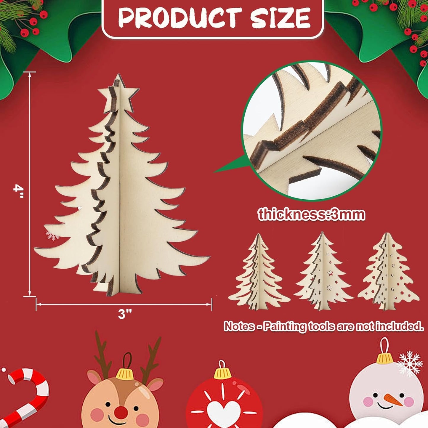 COCHIE DIY 3D Christmas Tree Wood Crafts to Paint for Kids Adults, Paintable Unfinished Wooden Slices for Craft, Xmas Trees Cutouts Ornaments for Painting Decorations (24 PCS)