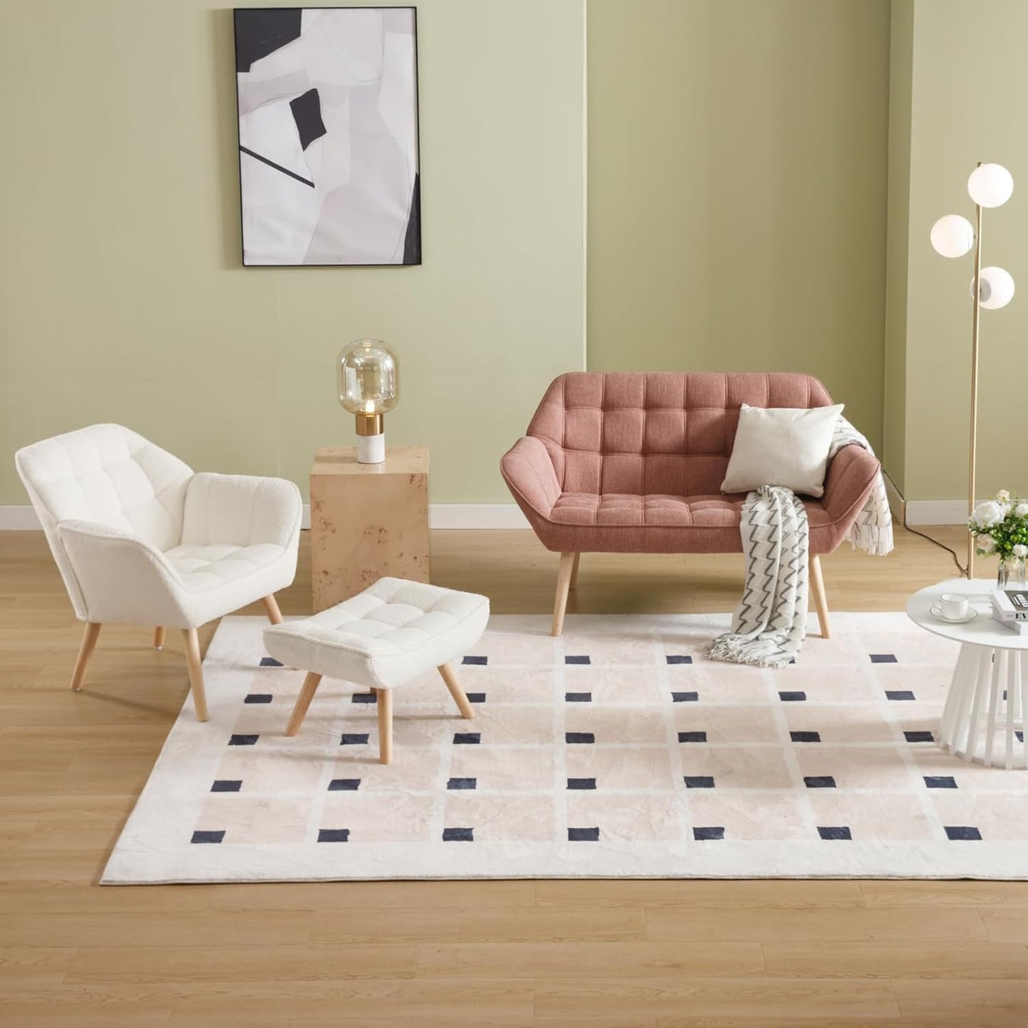 48" Small Loveseat Sofa, Modern Linen Fabric Mini Sofa Couch 2-Seater Love Seat with Quilting Backs and Wood Legs for Living Room, Bedroom and Small Space, Pink