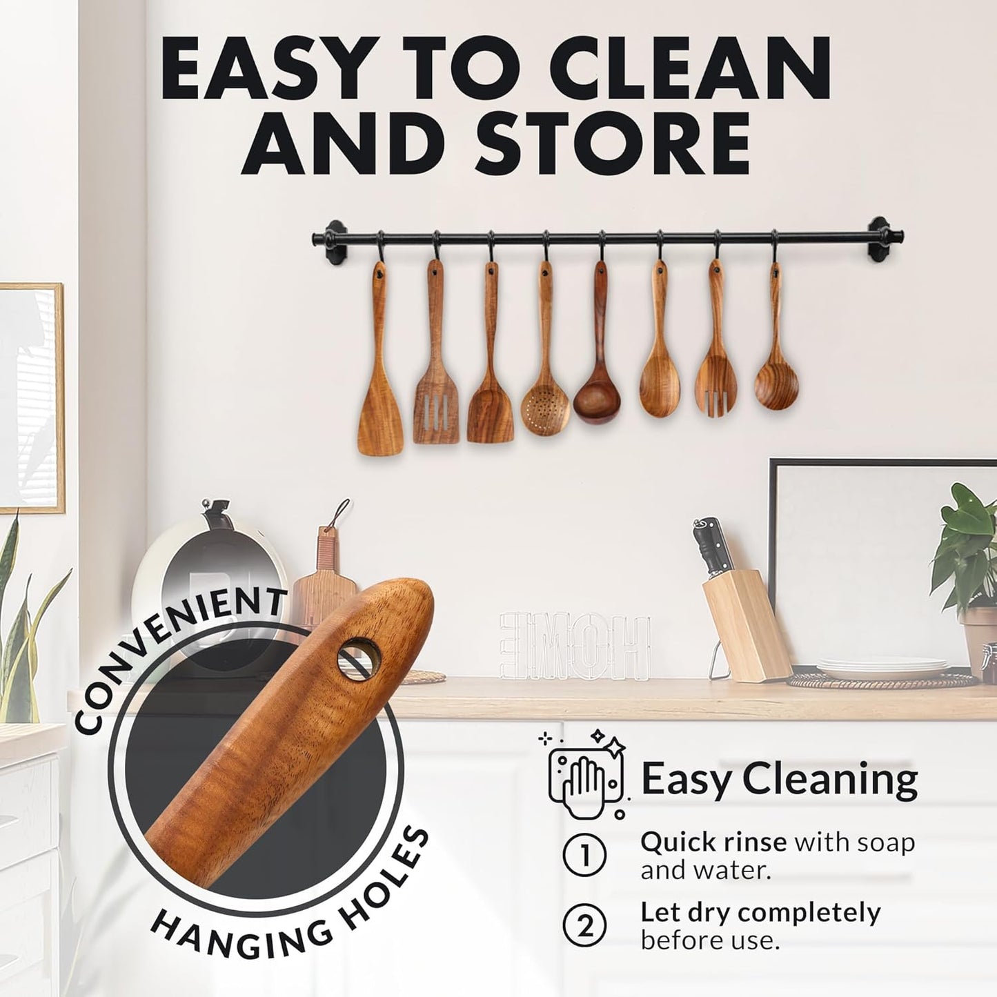 Zulay Kitchen Premium 8-Piece Wooden Spoons - Smooth Finish, Natural Teak Wood, Non-Stick, Handmade