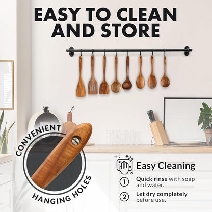 Zulay Kitchen Premium 8-Piece Wooden Spoons - Smooth Finish, Natural Teak Wood, Non-Stick, Handmade