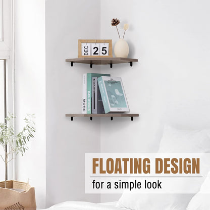 Corner Shelf Wall Mount, Floating Corner Shelves, Set of 2 Corner Wall Shelf Organizer, Rustic Wood Wall Storage Display Shelves for Living Room Bedroom Bathroom Kitchen, Rustic Grey