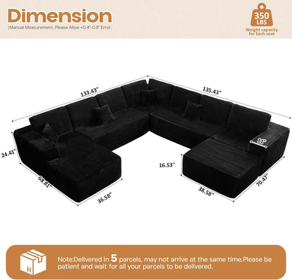 Cloud Sectional Couches for Living Room,G Shaped Modular Sofas No Assembly,135x133 Inches Plush Corduroy Oversized Floor Couch Set with Deep Seat Chaise,Black