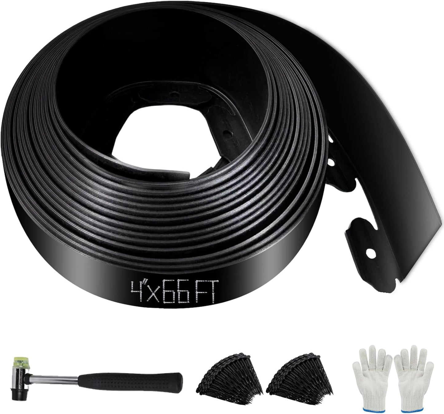 No Dig Landscape Edging 4" x 66FT Kit, Plastic Edging for Landscaping with 200 Spikes, for Garden, Lawn, Flower Beds and Yard