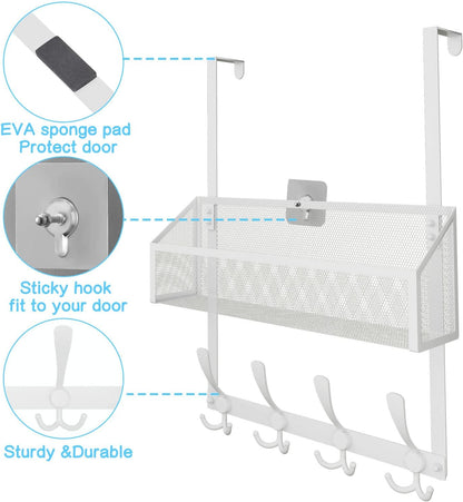 Over The Door Hooks Organizer, Coat Rack Over The Door Storage Hanger Towel Rack, Back of Door Storage Organizer for Bathroom,Bedroom,Kitchen,Office (White 2-Tier)
