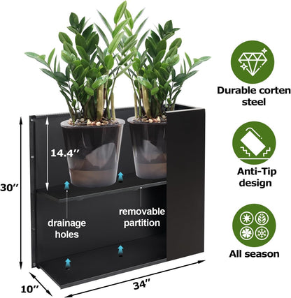 Metal Large Rectangular Planter Box Outdoor 30" H x 34" W x 10" D,Tall Flower Pot with Quick Installation,Long Black Planters for Outdoor Plants with Drainage Holes for Plants,Patio,Garden