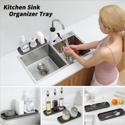 Silicone Kitchen Sink Organizer Tray for Multiple Usage,Eco-Friendly Sponges Holder for Kitchen Bathroom Counter or Sink,Dish Soap Dispenser,Scrubber,Bottle,Cup (Coffee, 12"×4")