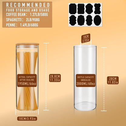 70oz Straight cylindrical Airtight Storage Jars with Bamboo Lid Set of 3 Storage Container Glass Jars, Kitchen Canister for Noodles, Pasta and Coffee beans (‎with Black Lable)