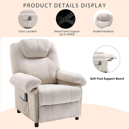 KCREAM Massage Chair Recliner with Heating,Recliner Chair for Adults,Small Recliners for Small Spaces Overstuffed Reclining Chairs Single Sofa Recliners with Side Pocket for Living Room,Fabric Beige