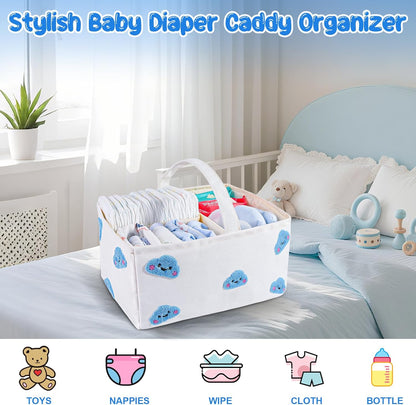Baby Diaper Caddy Organizer with Handle - Durable Canvas Storage Basket with Cloud Embroidery, Portable Nursery Organizer for Newborn Essentials, Diaper Travel Bag, Baby Shower Basket-Blue