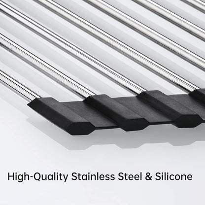 Tomorotec Foldable Stainless Steel Triangle Roll-Up Dish Drying Rack for Small Sink Corners - Over-The-Sink Multipurpose Kitchen Drainer, Rustproof Organizer, Trivet and Shelf - Space-Saving (Black)